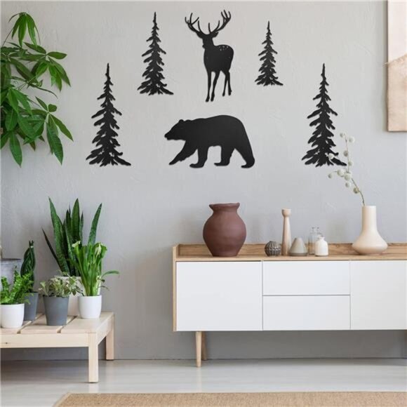 6-Piece Rustic Metal Wall Art Set - Deer, Bear, Pine Tree Forest Decor (Black) - Picture 3 of 8
